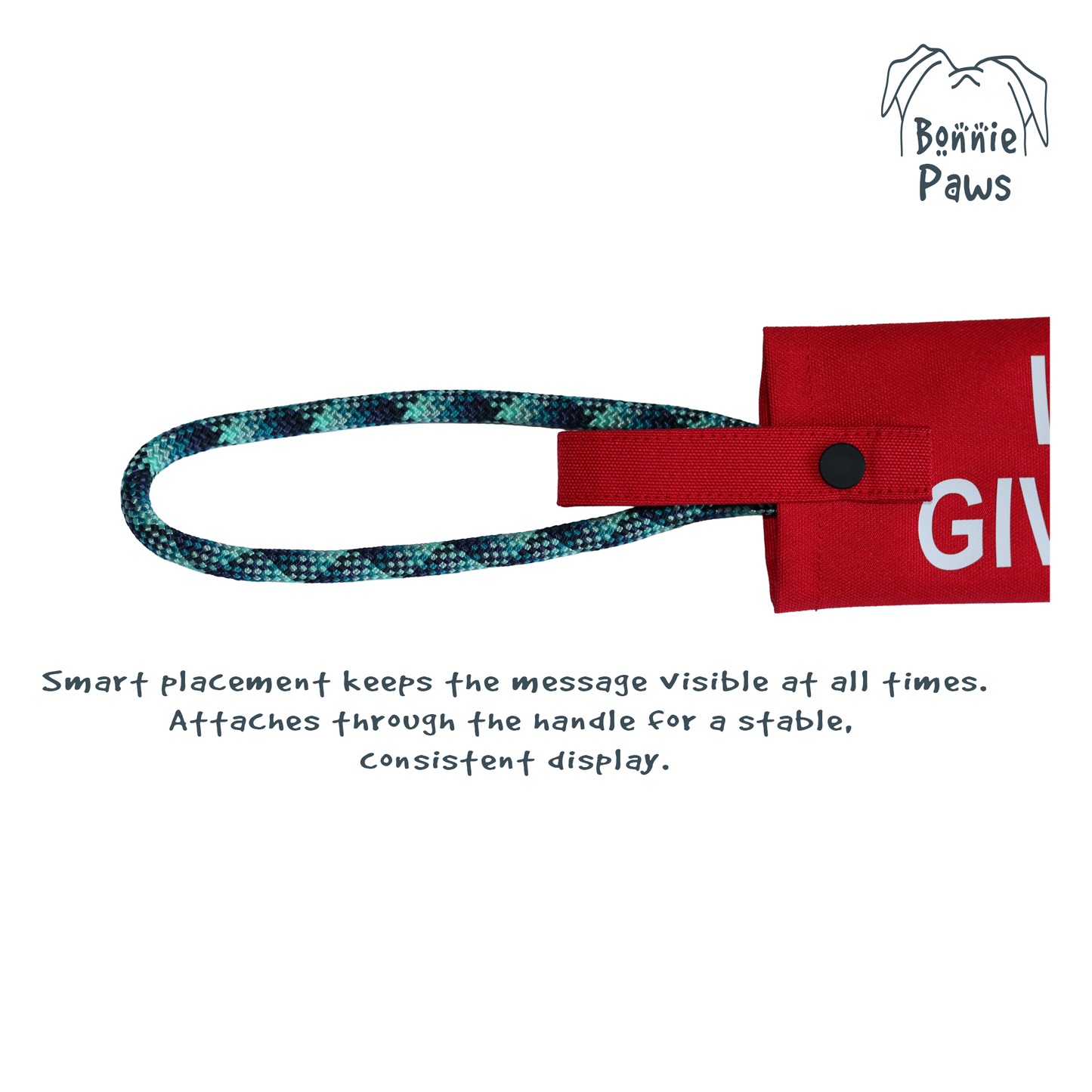 Close-up of the red lead sleeve attached to a lead handle with a secure snap fastener strap.