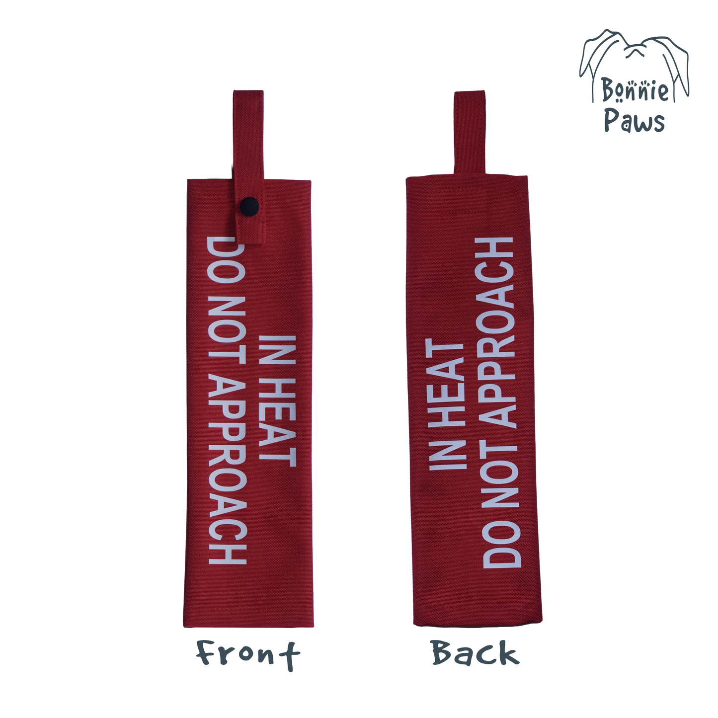 Front and back view of the Bonnie Paws red lead sleeve showing the double-sided safety print