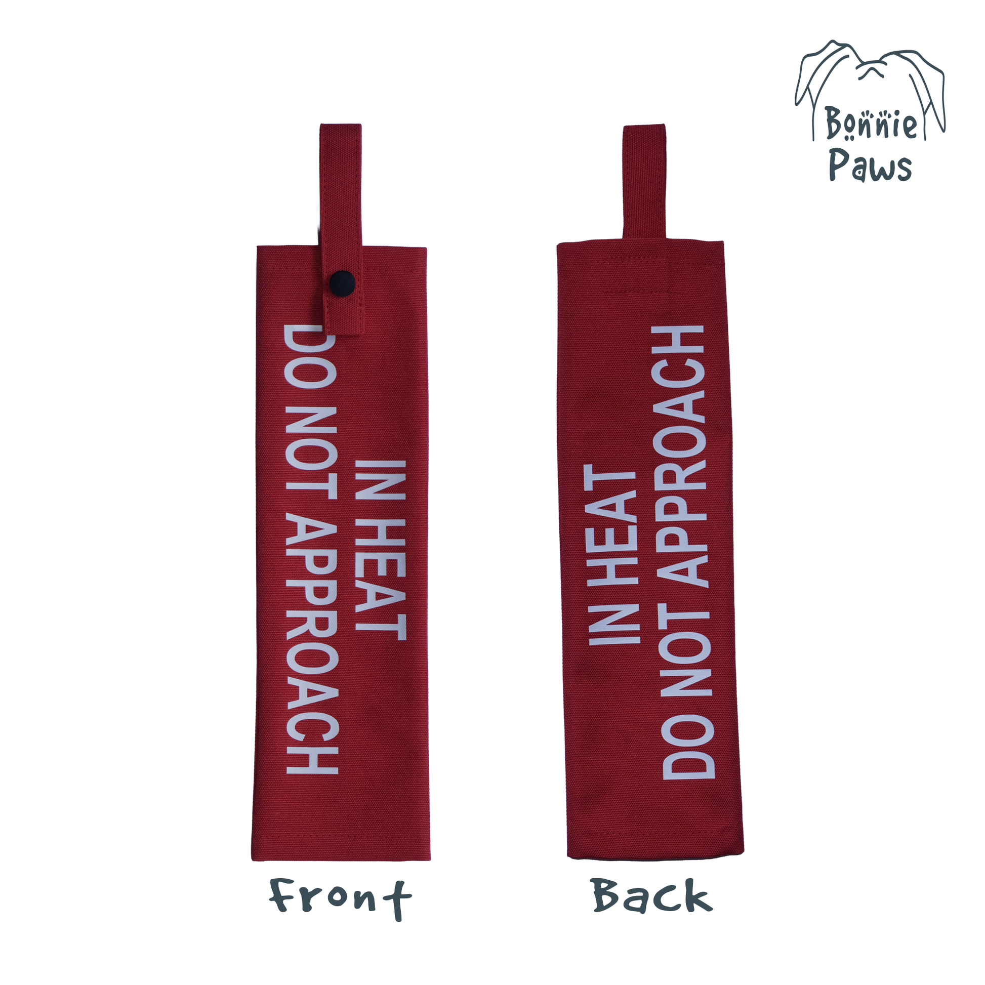 Front and back view of the Bonnie Paws red lead sleeve showing the double-sided safety print