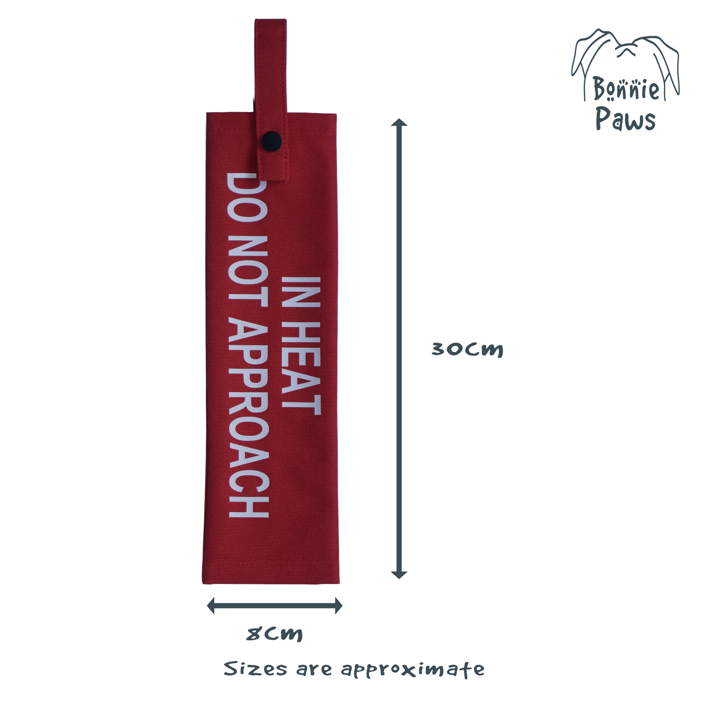Size chart for Bonnie Paws lead sleeves showing dimensions and fit for standard dog leads.