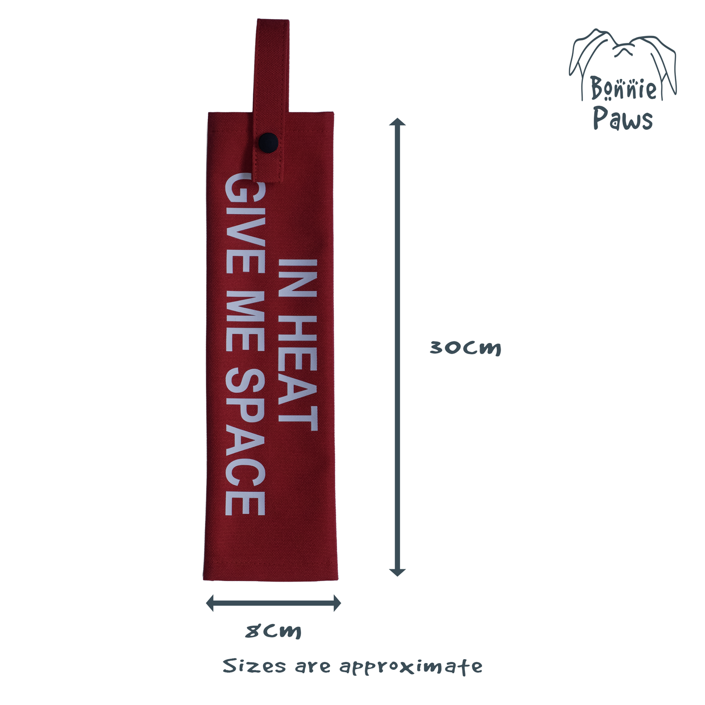 Size chart for Bonnie Paws lead sleeves showing dimensions and fit for standard dog leads.