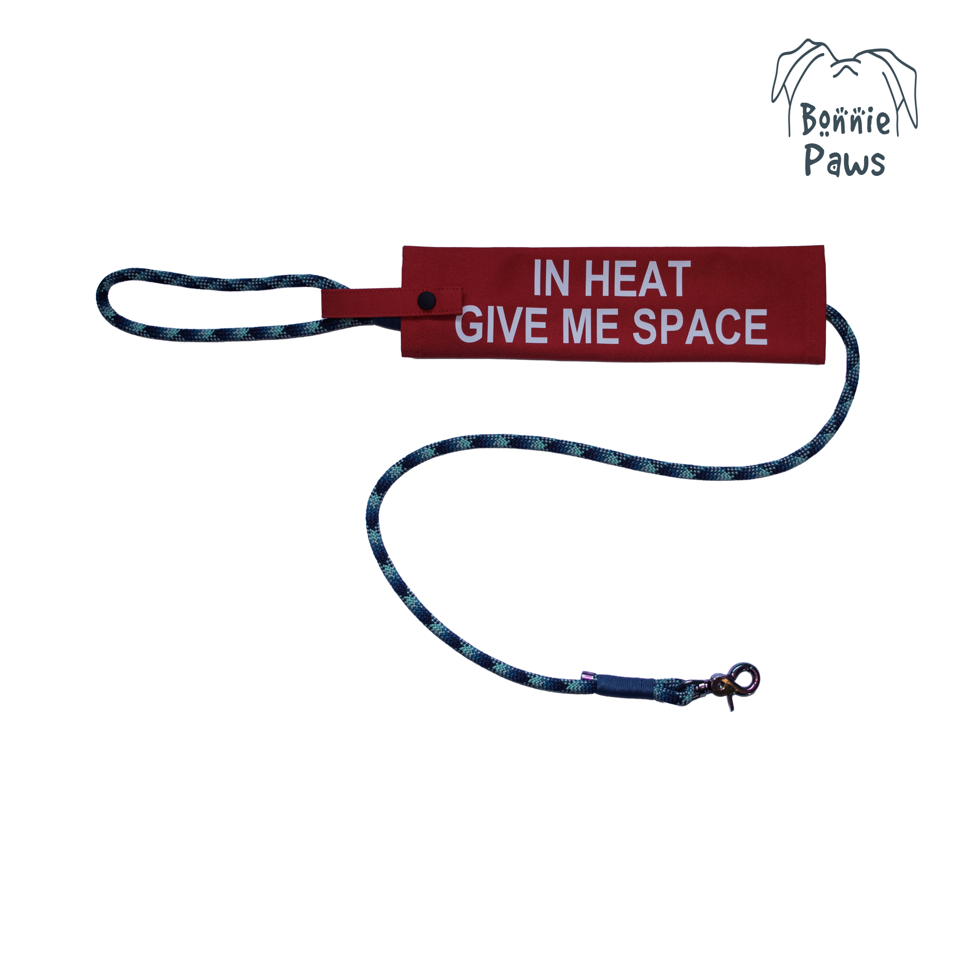 "In Heat" dog lead sleeve with "GIVE ME SPACE" text and Bonnie Paws logo on a lead.