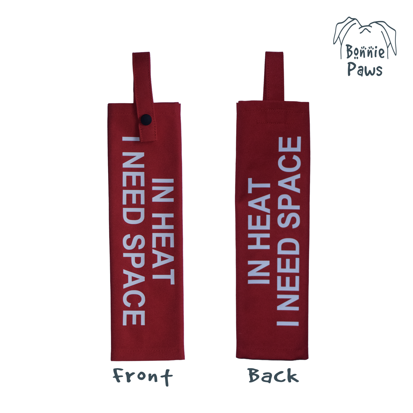Front and back view of the Bonnie Paws red lead sleeve showing the double-sided safety print.