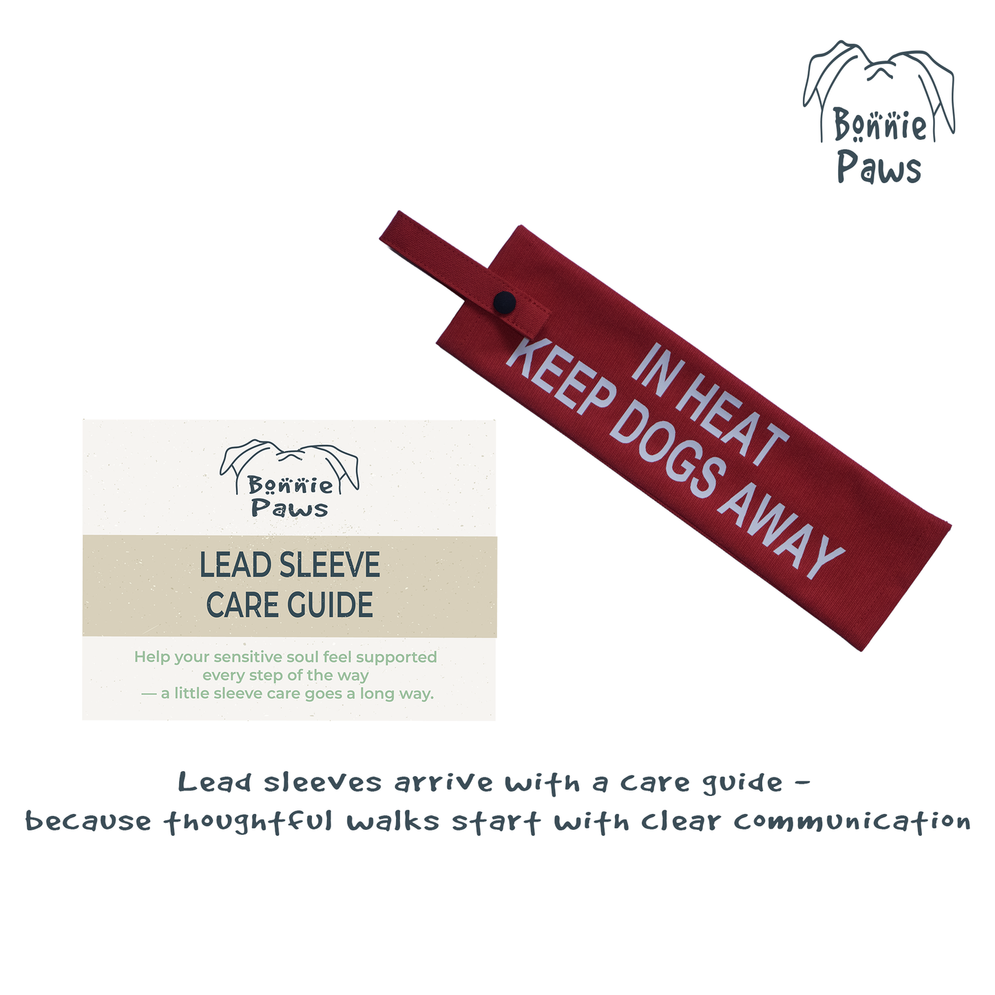 Washing and care instructions for Bonnie Paws weather-resistant dog lead sleeves.