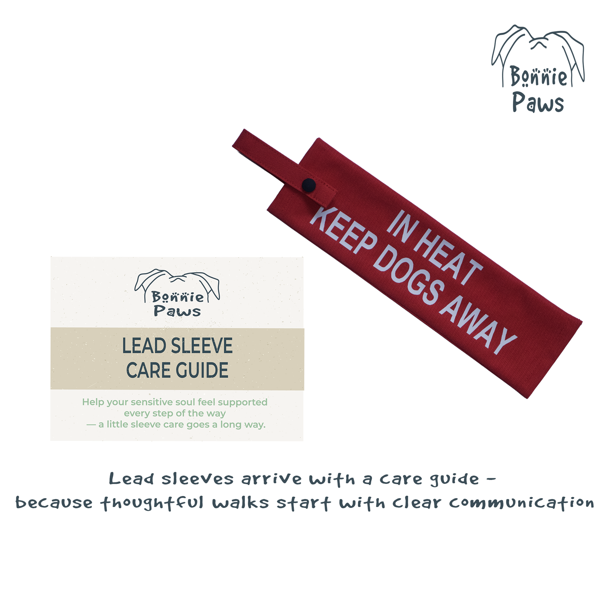 Washing and care instructions for Bonnie Paws weather-resistant dog lead sleeves.