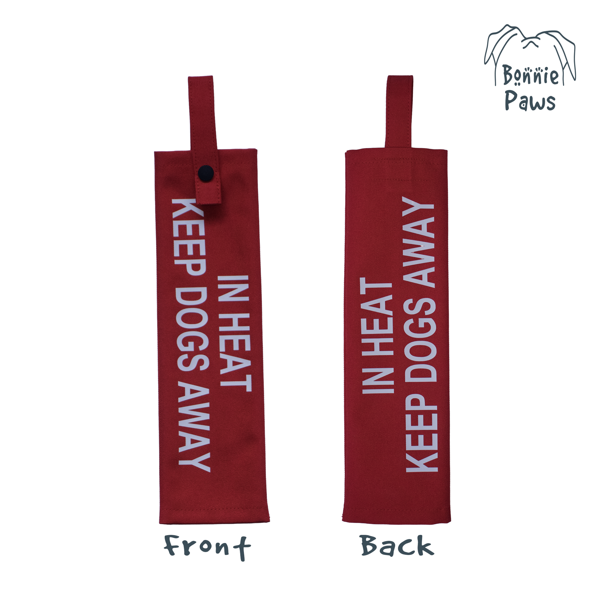 Front and back view of the Bonnie Paws red lead sleeve showing the double-sided safety print.