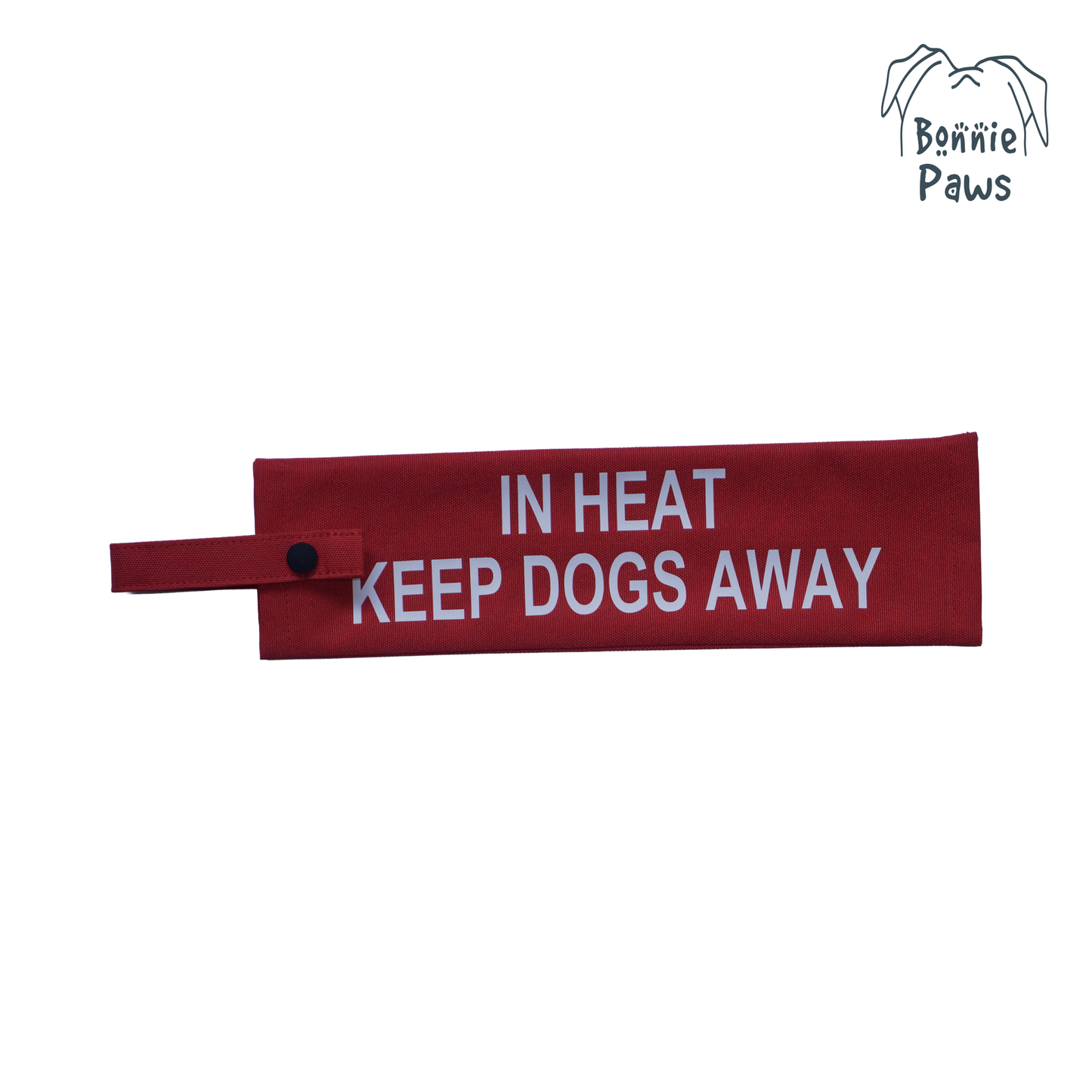 Flat lay view of a red waterproof dog warning sleeve with bold white KEEP DOGS AWAY lettering.