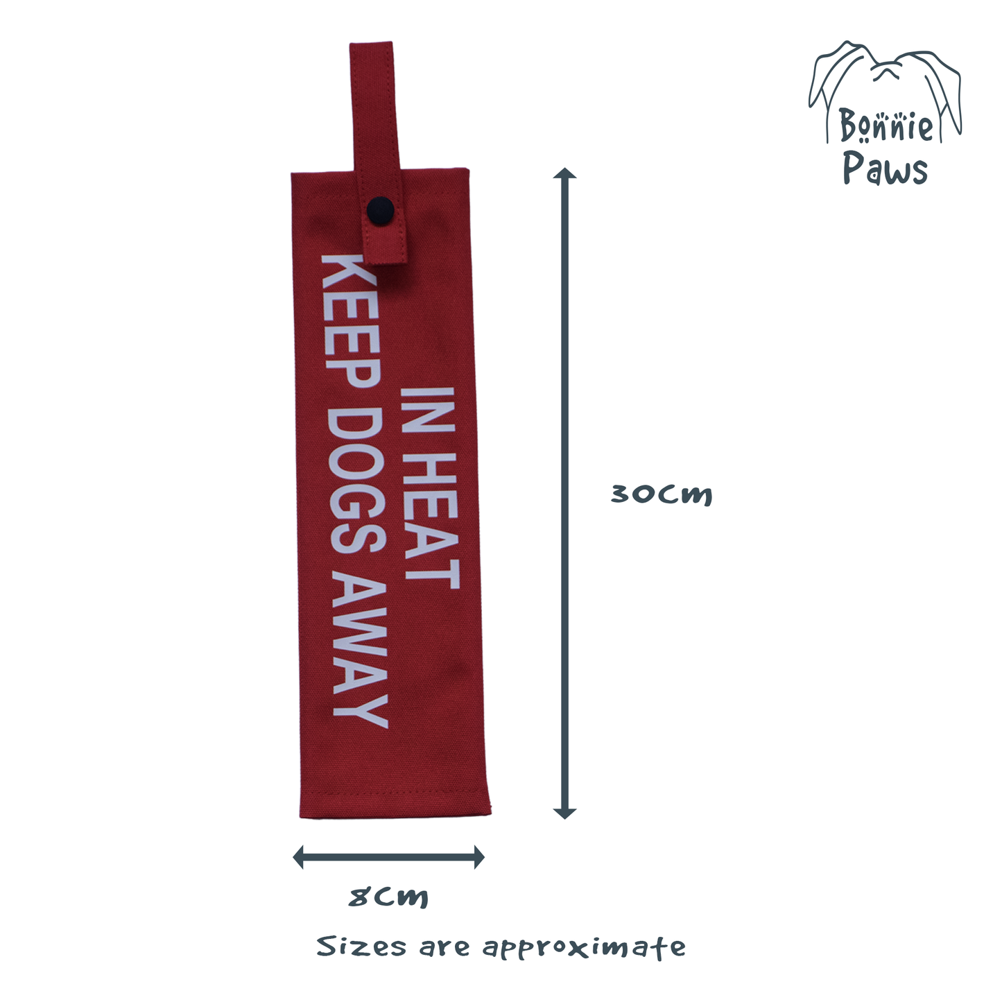 Size chart for Bonnie Paws lead sleeves showing dimensions and fit for standard dog leads.